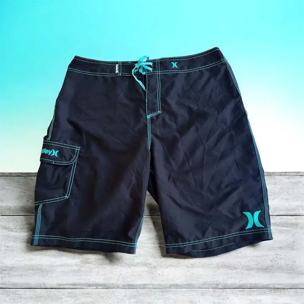 Hurley Men's Boardshorts Swim Trunks Black with Teal Contrast Stitching
